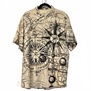 Cream Nautical Print Casual Button Down Shirt